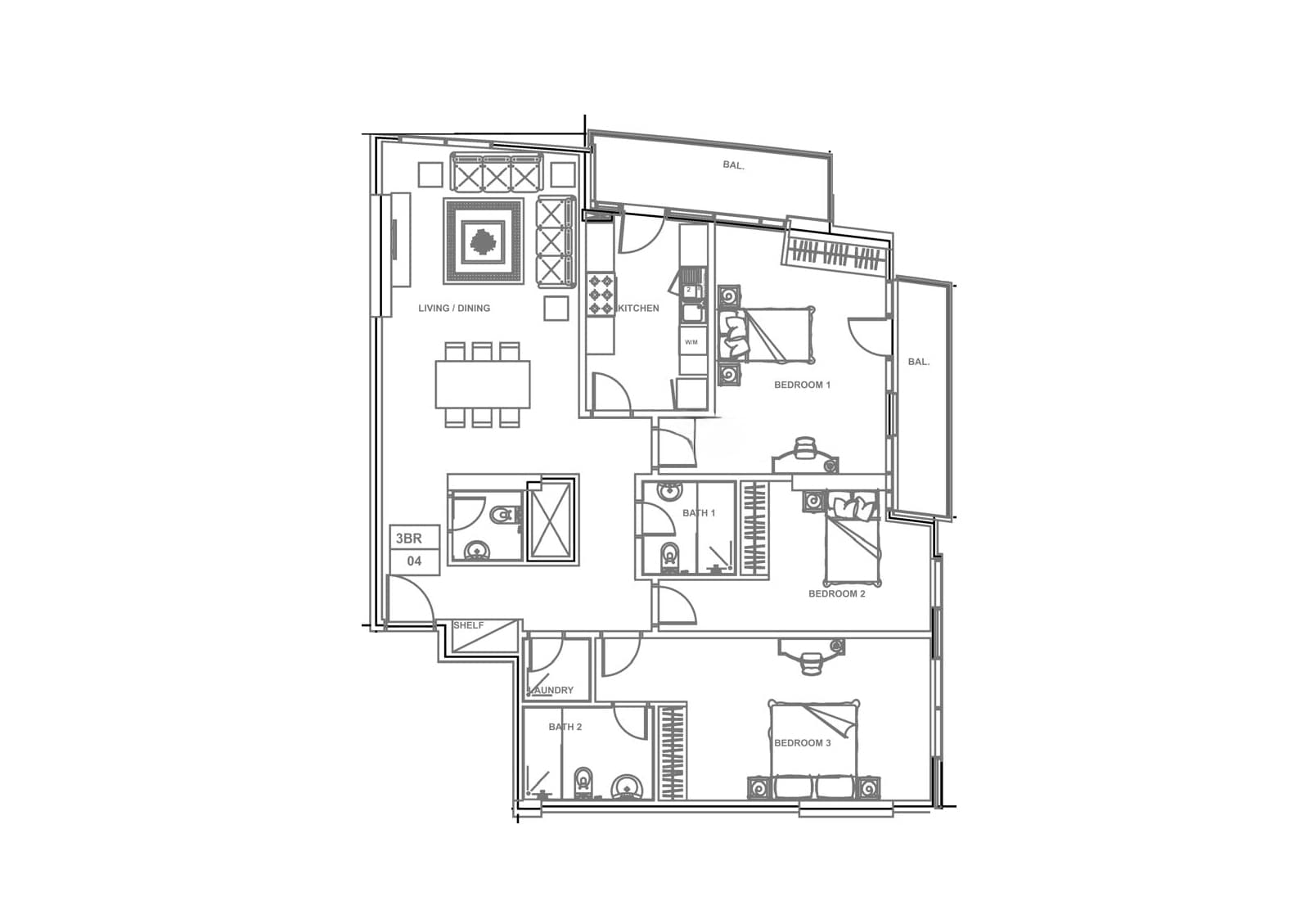 Elegant Downtown | 3 bedrooms Apartment | Fully Furnished | Dual Balcony - Floor Plan